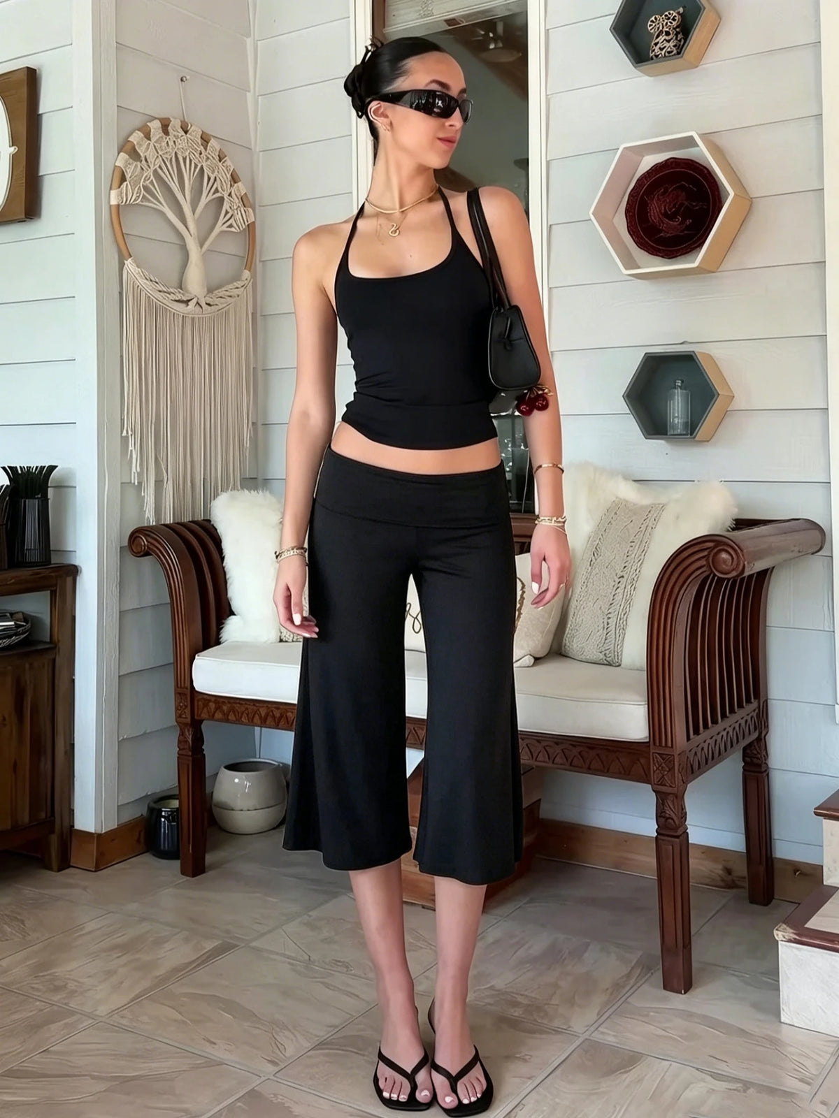 Dulzura Women'S Solid High Waist Slim Fit Calf-Length Pants Casual Versatile Flare Long Pants Party Club Street Summer Clothes