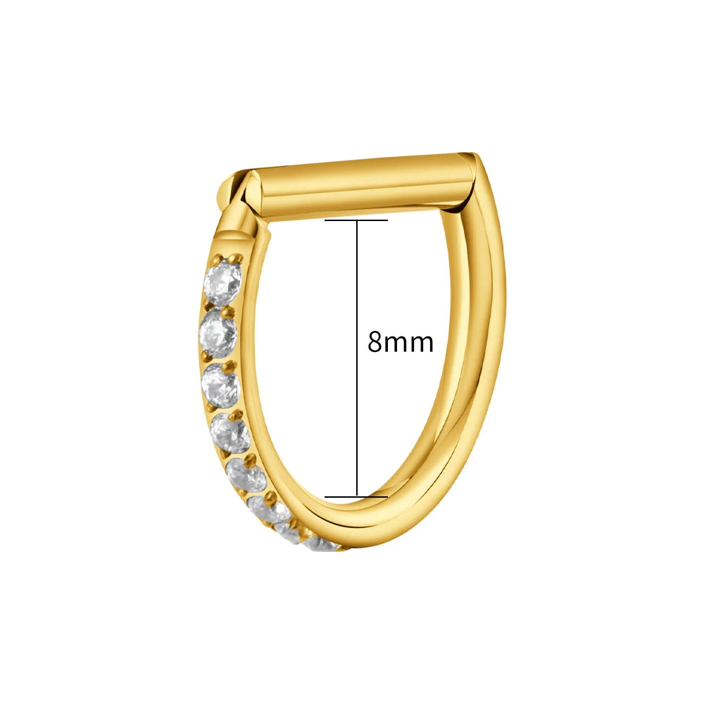 Right Grand ASTM F136 Titanium D Shape Septum Ring with CZ 16G Hinged Segment Clicker Hoop Conch Helix Piercing Body Jewelry