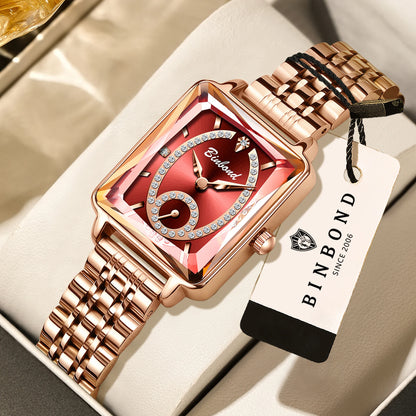 BINBOND Luxury Rectangle Fashion Quartz Watches for Women Precise Luminous Waterproof Zircon Ladies Watch Durable Casual Reloj