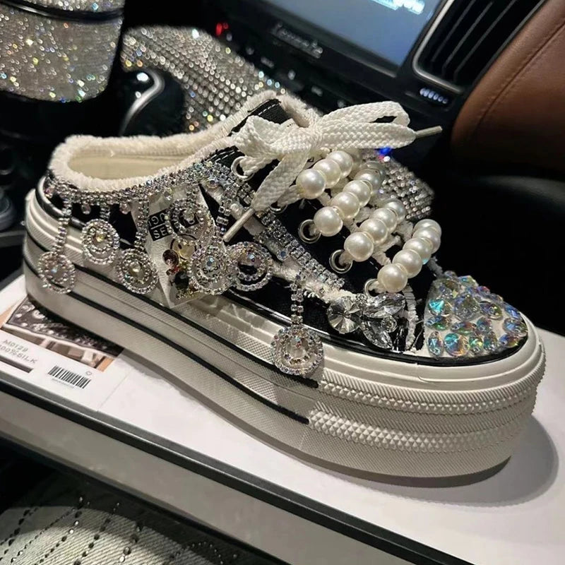 High Quality Shiny Sequined Slippers Flat Shoes Crystal Pearl Studs Canvas Shoes Loafers Shiny Women's Vulcanized Slippers