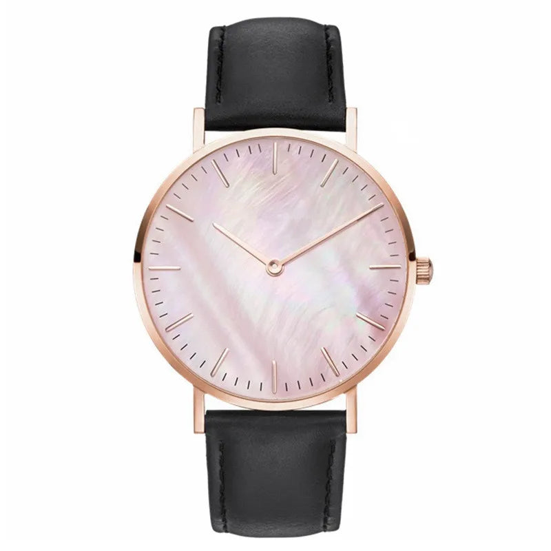 Elegant Pink Shell Dial Women's Watch Minimalist Quartz Ladies Wristwatch with Leather Strap Fashion Woman Watches Gift Reloj