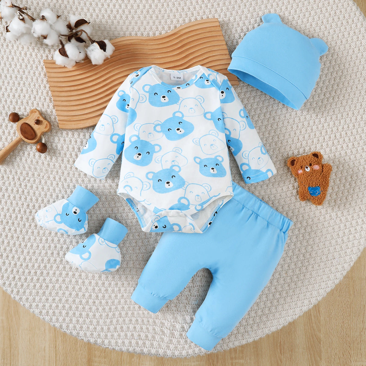 0-9 Months Baby Boy Set Little Bear Long Sleeve Bodysuit+Pants+Hat+Socks 4pcs/Set Baby Spring Autumn Clothing Newborn Set