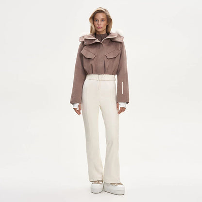 Fashion Hooded One-Piece Ski Jumpsuit Women Stand Collar Zipper High Waist Solid Windproof Outwear 2026 Winter Lady Skiwears New