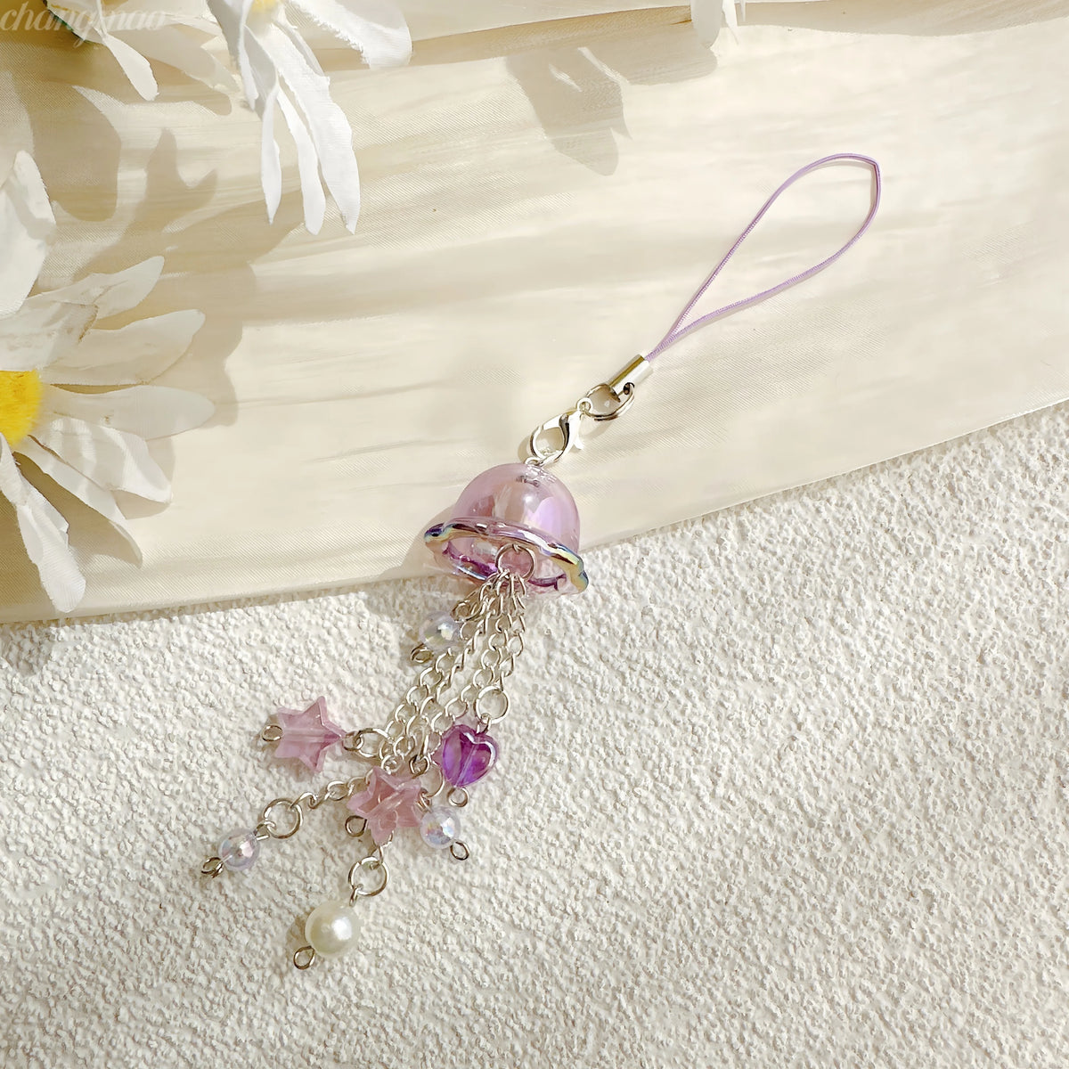 Purple Pink Jellyfish Key Chain Wind Chimes Star Heart Beaded Keyring for Phone Camera Earphone Case Charm Pendant Keycord