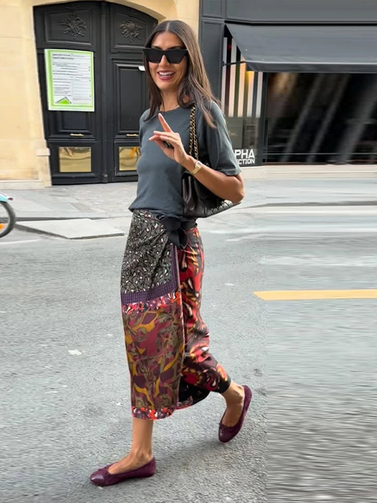 High Waist Wrap Tie Midi Skirt Color Block Abstract Floral Patchwork Print Flowy Satin Skirts 2026 Summer Holiday Boho Chic Wear