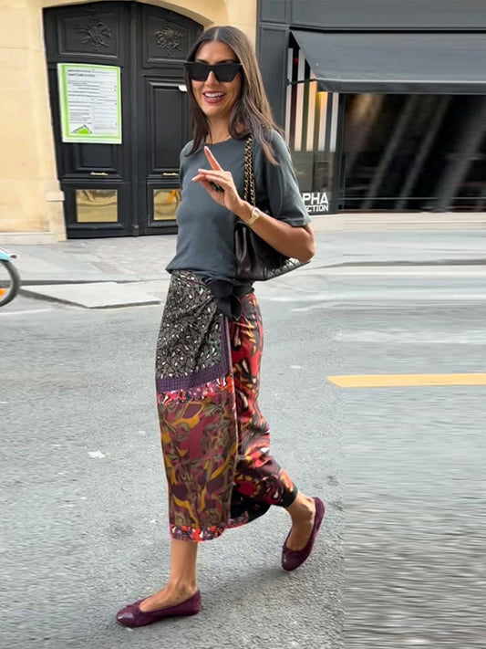 High Waist Wrap Tie Midi Skirt Color Block Abstract Floral Patchwork Print Flowy Satin Skirts 2026 Summer Holiday Boho Chic Wear