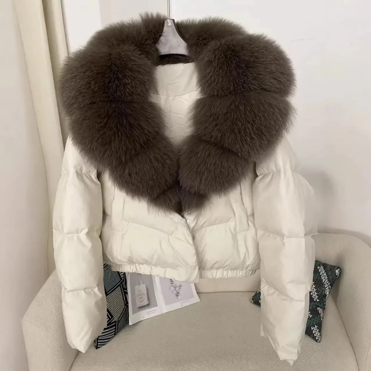 Women Cropped Puffer Jacket Long Sleeve Big Faux Fur Collar Snap Button Warm Winter Outerwear Fashion Casual Party Short Coat