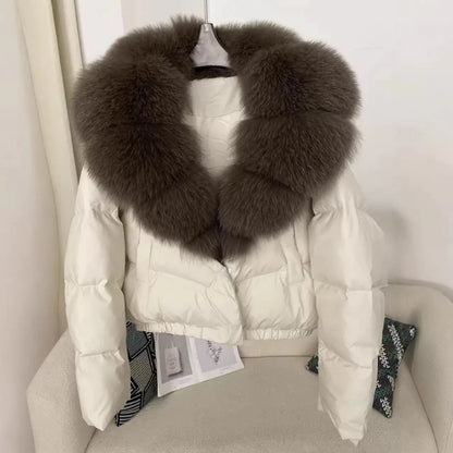 Women Cropped Puffer Jacket Long Sleeve Big Faux Fur Collar Snap Button Warm Winter Outerwear Fashion Casual Party Short Coat