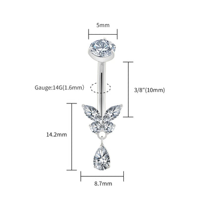 Right Grand ASTM F136 Titanium Butterfly CZ Dangle Belly Button Ring 14G Teardrop Drop Navel Curved Barbell Piercing Jewelry