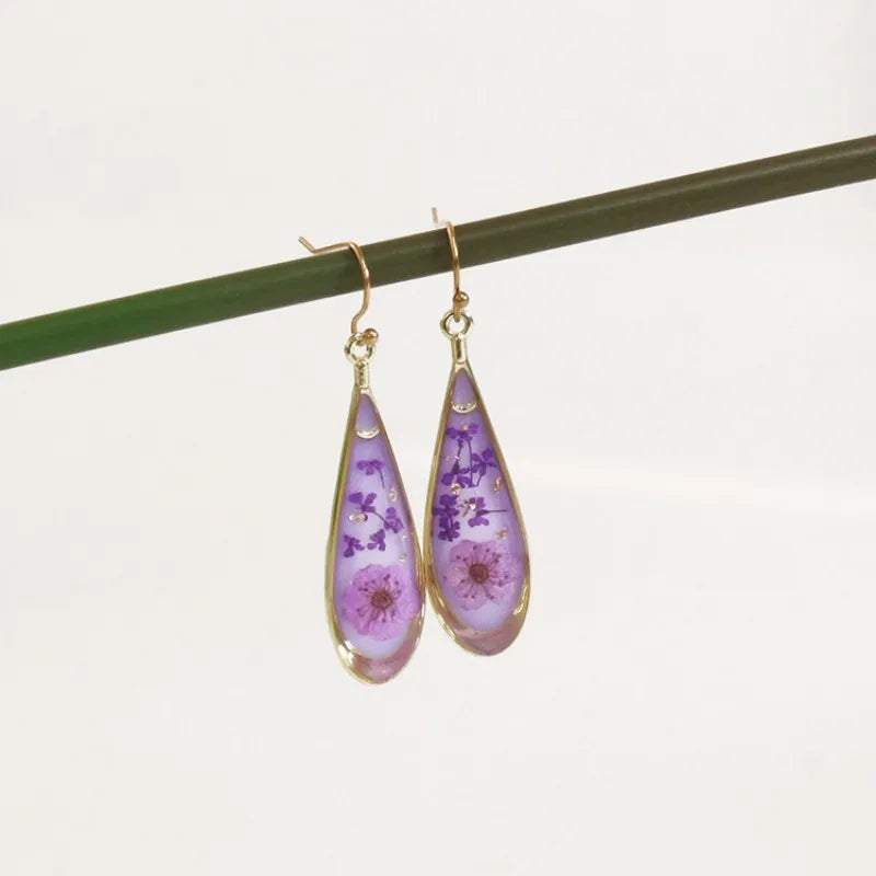 Natural Flower Drop Earrings Unique Epoxy Resin Real Flowers Earrings Elegant Pressed Flowers Earring Wholesale Custom Accessory
