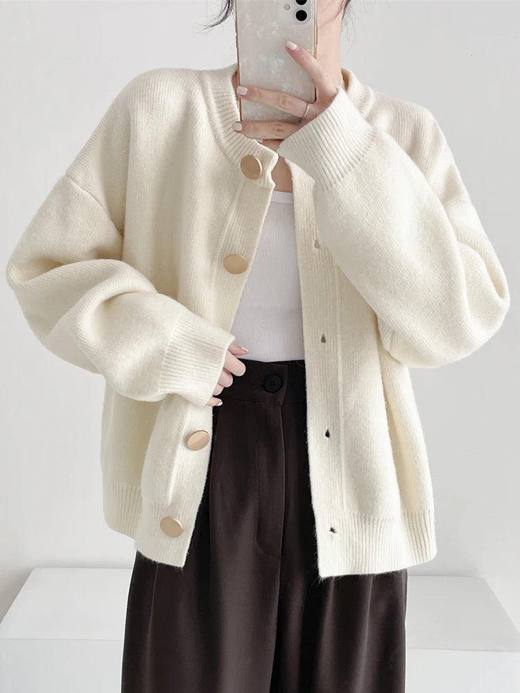 Women Cardigans Sweater O-neck Autumn Winter Knitted Loose Cardigans Solid Single Breasted Women's Sweaters Button Long Sleeve