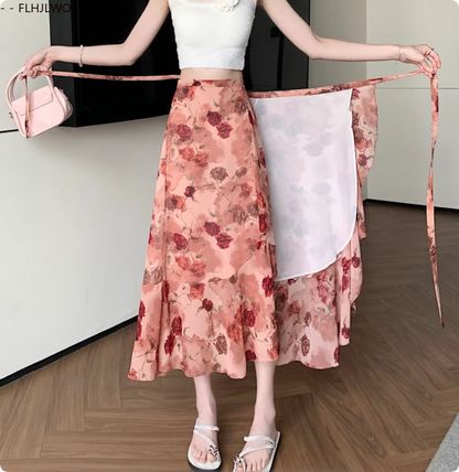 2025 Chic Korea Clothes Summer Women Cute Sweet GIrl Floral Robe Holiday Date High Waist Retro Vintage One-Piece Lace-Up Skirts