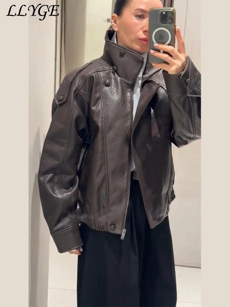 Fashion Stand Collar Women's Leather Jacket Loose Aasymmetric Zipper Buttons Full Sleeve Coat 2026 Spring Lady Biker Streetwear