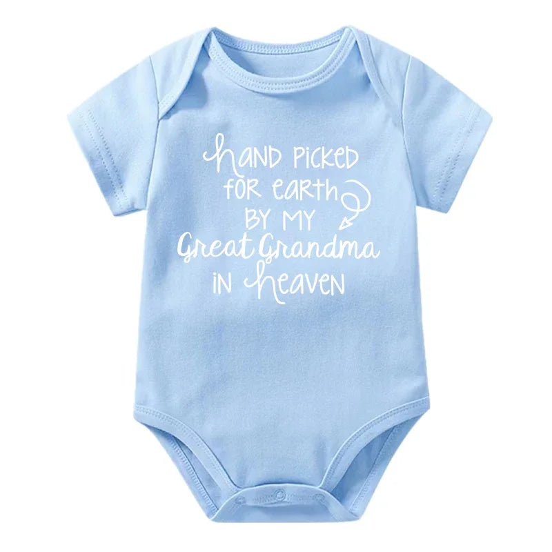 Hand Picked For Earth By My Great Grandma In Heaven Baby Summer Bodysuits Cotton Newborn Jumpsuit Short Sleeve Body Baby Outfits