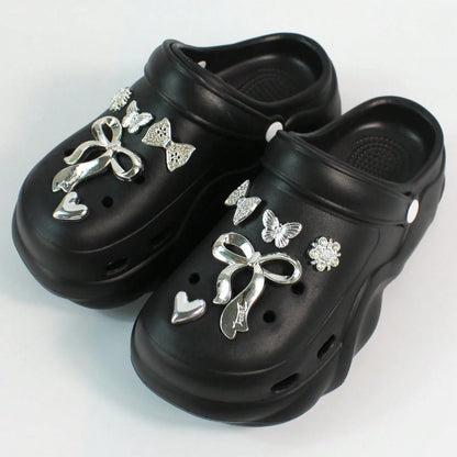 Women DIY Silver Butterfly-Knot Fashion Bow Decor Clogs Summer Sping Autumn Beach Sandals Cave Hole Garden Shoes Students Girls