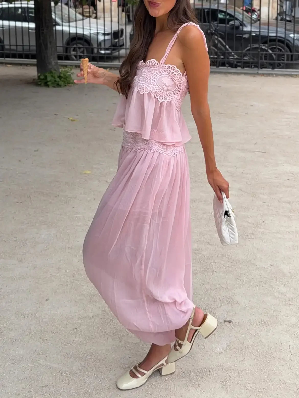 Women Pink Chiffon Lace Trim Pants Suit Sleeveless Strap Crop Top Boho Holiday Matching Sets 2026 Seaside Vacation Casual Outfit