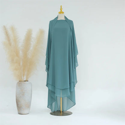 Two Layer Chiffon Extra Long Khimar Niqab Eid Ramadan Muslim Women Islamic Clothing Prayer Garment Overhead Abaya Dress Kaftan