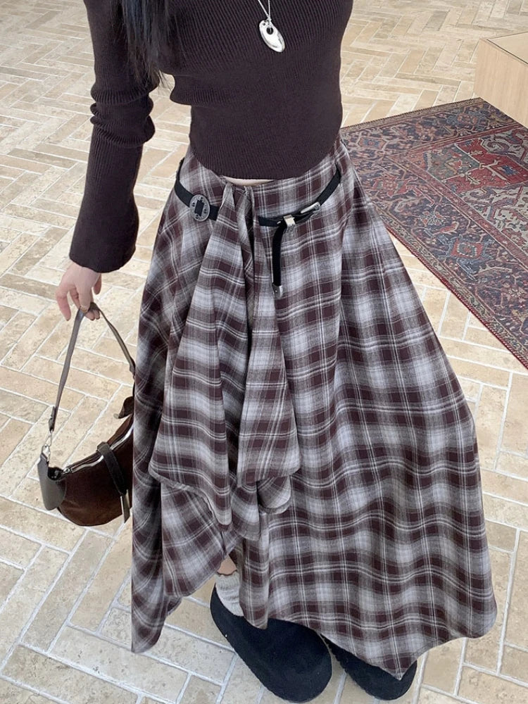 Qiukichonson Long Skirts Women Woolen Skirt 2025 Goth Autumn Winter High Waist Ruffles Asymmetrical Plaid Skirt Maxi With Belt