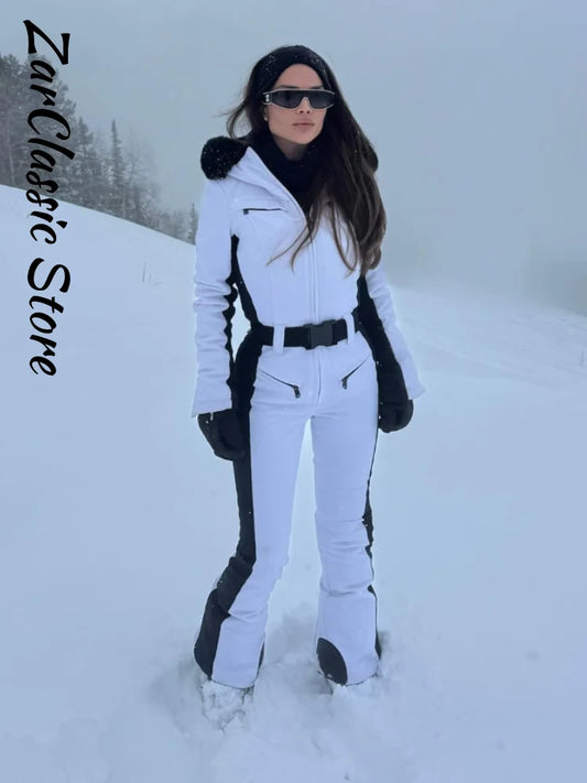 Fashion Patchwork Women's Ski Suit Warm Hooded Zipper Belt Full Sleeve Slim Jumpsuit Lady New Winter Casual Ski Clothing 2026
