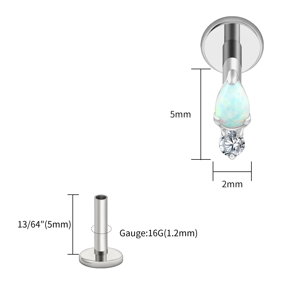 Right Grand ASTM F136 Titanium Teardrop Opal Cartilage Earring 16G Tiny Round CZ Forward Helix Labret Stud Piercing Jewelry