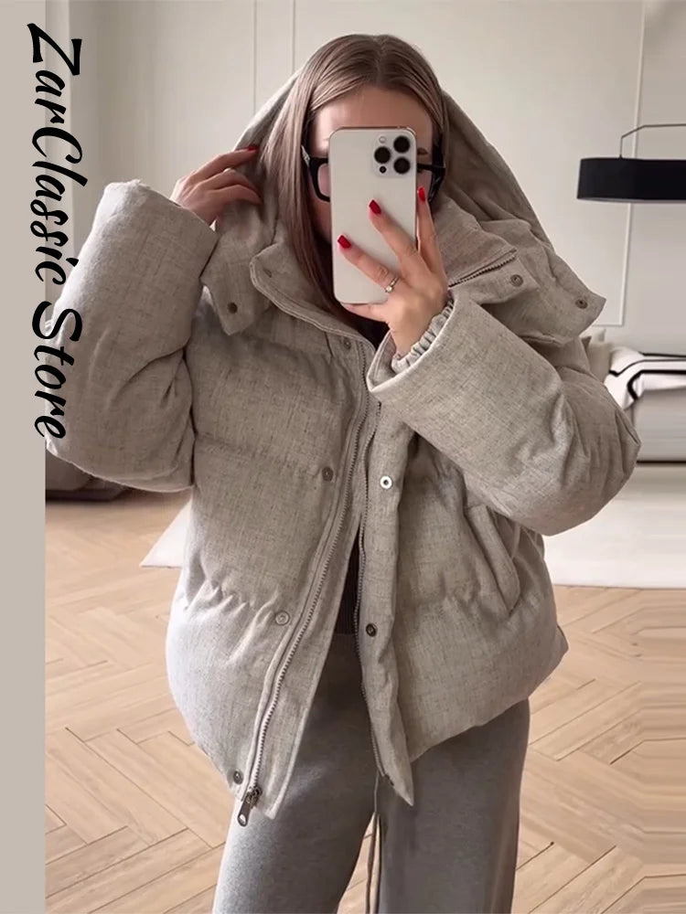 Fashion Women's Winter Jacket Casual Solid Hooded Full Sleeve Zip-up Loose Padded Coats New Street Chic Warm Outwear 2026