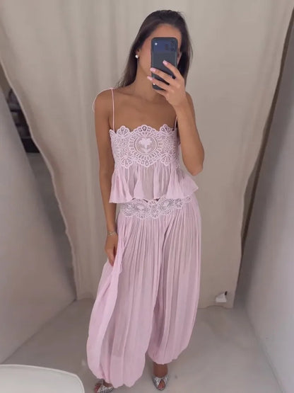 See Through Lace Vest Pant Set Women Beach Sling  Tops Pleated Straight Pants 2026 Summer Vacation Hollow Out Lady Suits