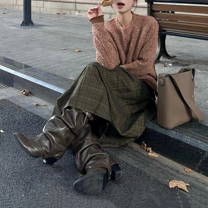 PBAP Fall Trendy Women Plaid Midi Long Skirt Green Tartan High Rise Thick Draped A-line Plaid Pleated Skirt Retro Y2k Streetwear