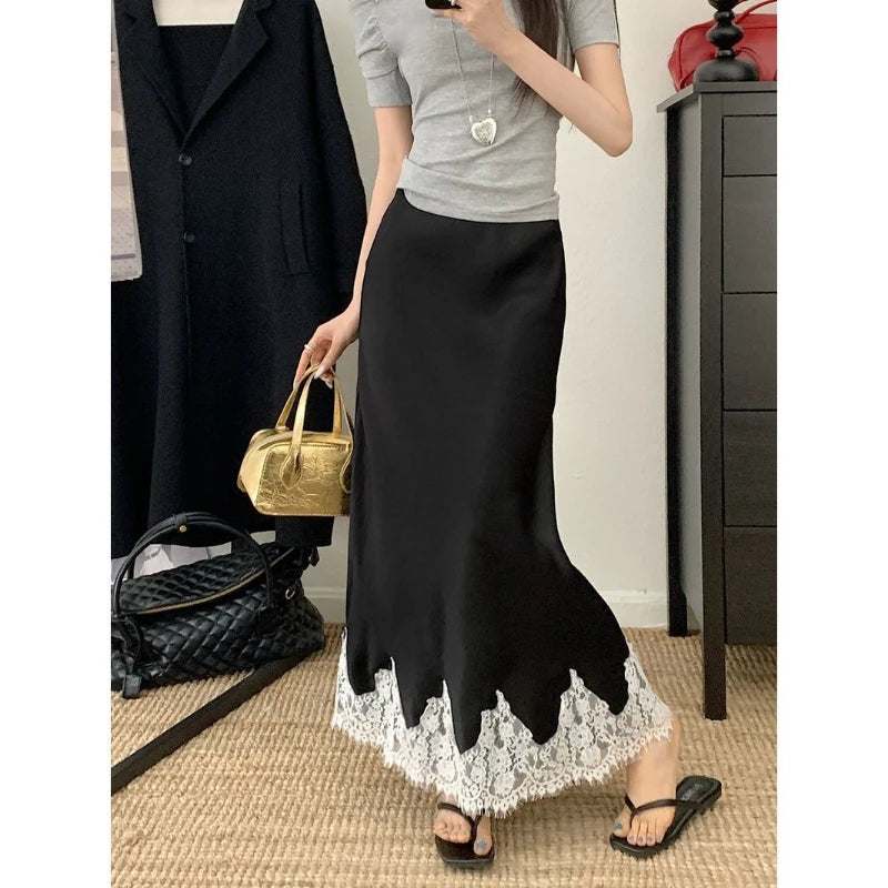 Elegant Long Skirts for Women Summer High Waist Lace Satin Skirt Women's A-line Korean Fashion Solid Color Loose Women's Skirt