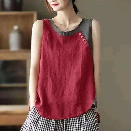 Women Summer Tank Top Contrast Color Patchwork Round Neck Sleeveless Thin Match Pants Casual Vintage Lady T-shirt Women Clothes
