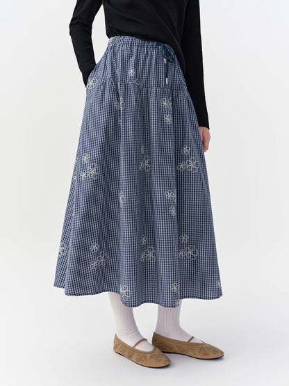DUSHU 2026 Fall Women's Chic Elastic High Waist Plaid Embroidered A-Line Skirt - Flattering Versatile Style for Daily Wear