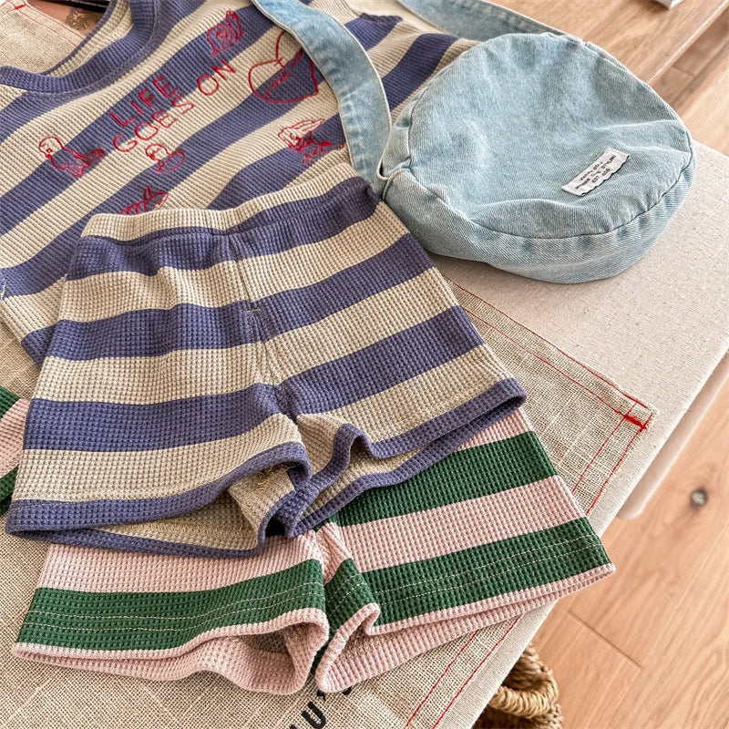 deer jonmi 2026 Summer Korean Style Unisex Kids Striped Outfits Embroidery Loose Tops Shorts 2pcs Toddlers Kids Clothing Sets