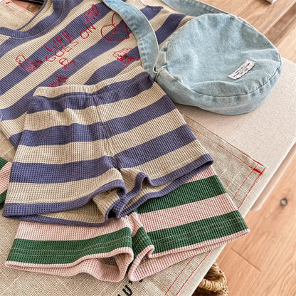 deer jonmi 2026 Summer Korean Style Unisex Kids Striped Outfits Embroidery Loose Tops Shorts 2pcs Toddlers Kids Clothing Sets