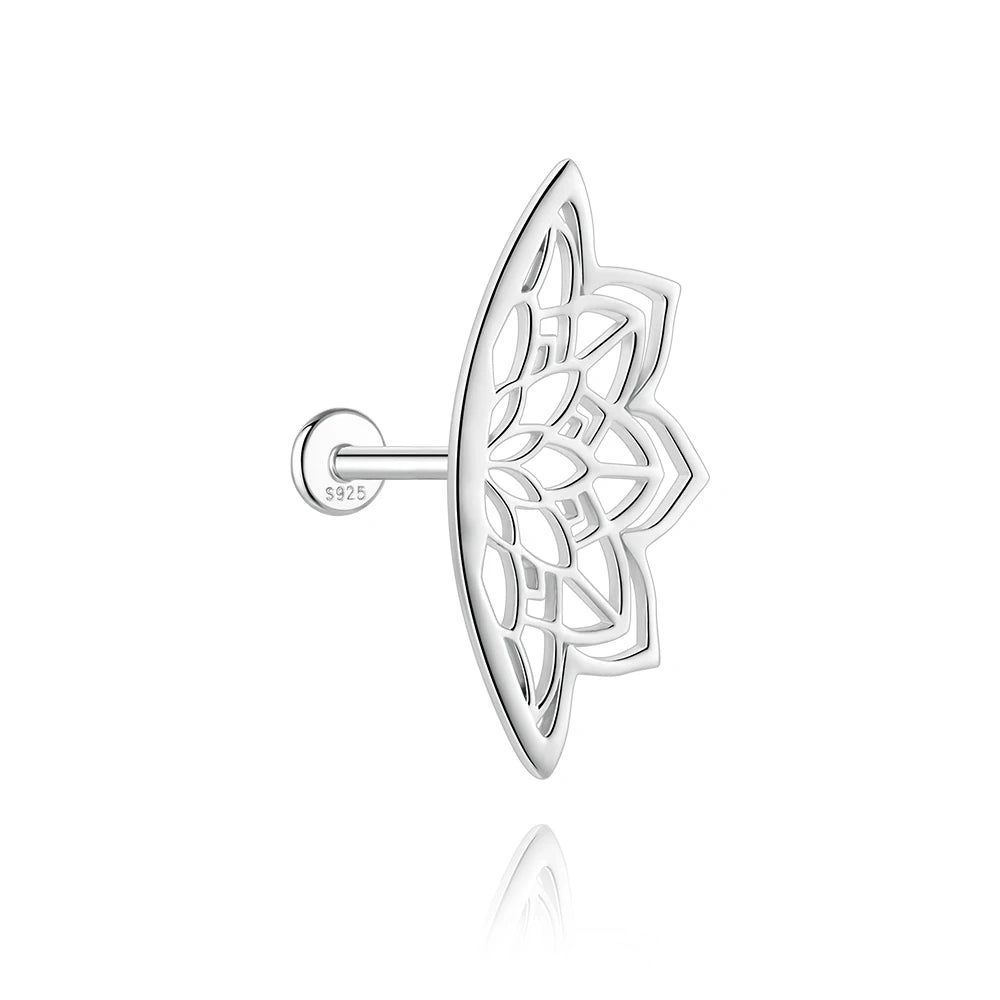AIDE 925 Sterling Silver Shiny Hollow Lotus Flower Crown Flat Back Internal Thread Piercing Earring For Women INS Dainty Luxury