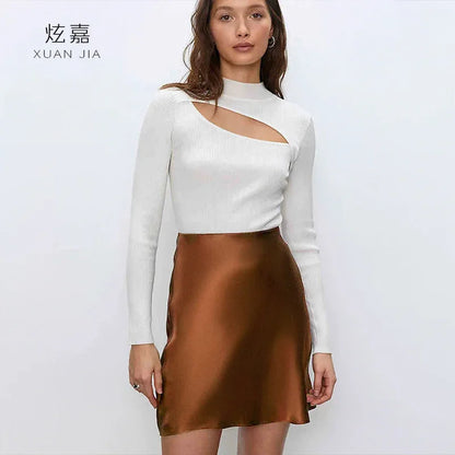 Satin Silk Short Skirt Women's Summer 100% Mulberry Silk Drape Skirt Elastic High Waist Slim Fit Hip Wrap A Word Skirt