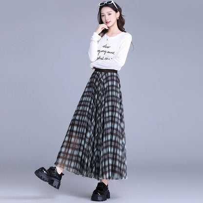 LOUISYAO Contrast Color Plaid Long Skirt Women 2025 Autumn High Waisted Elastic Waist A Line Midi Skirt Casual Bottoms