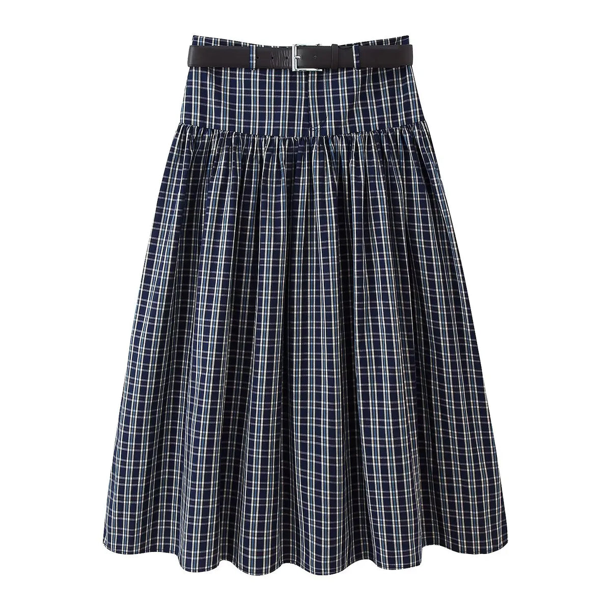Women's Checked Pleated Skirt with Waist Detail
