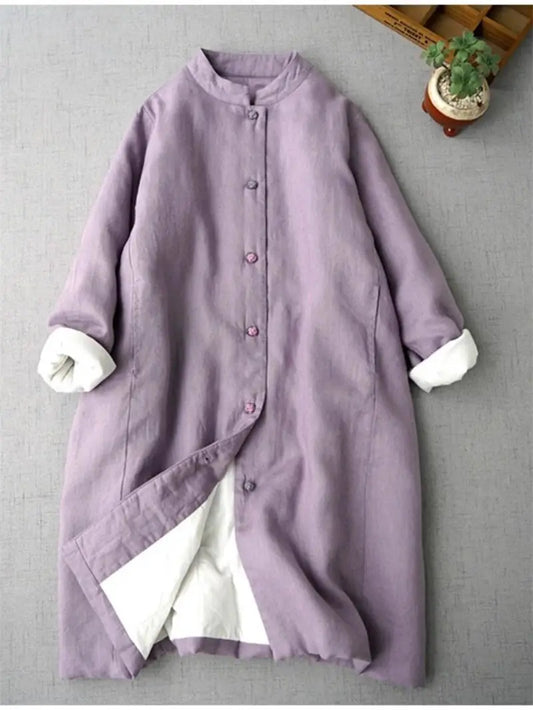 Chinese Style Women's Quilted Jacket, Stand Collar Long Cotton Coat for Spring Autumn, Mid-Length Warm Linen Outerwear Z3891