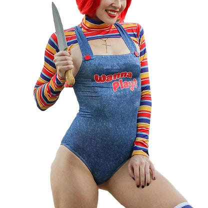 hirigin Women 2 Pcs Halloween Costumes Scary Nightmare Killer Doll Wanna Play Movie Character Costume Set Sling Jumpsuits