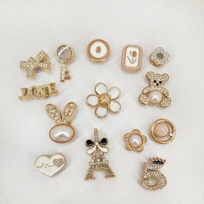 14PCS Sparkling Rhinestone & Faux Pearl Shoe Charms Pins Set, DIY Detachable Decor for CROCS Clogs