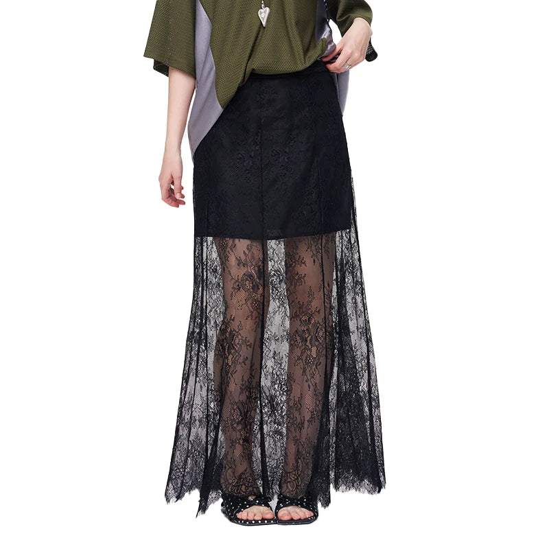 ELFSACK Romantic Lace Midi Skirt, Sheer See-Through A-Line Skirt, Elegant Slimming Long Skirt for Women