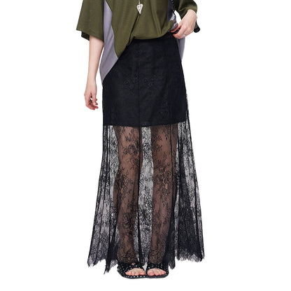 ELFSACK Romantic Lace Midi Skirt, Sheer See-Through A-Line Skirt, Elegant Slimming Long Skirt for Women