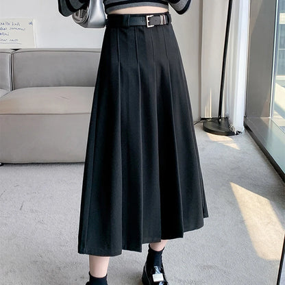 1pcs Women Skirts Vintage High Waist Elastic Pleated Skirt Black Design Chic Long A-line Skirt Spring Summer Fashion Clothes