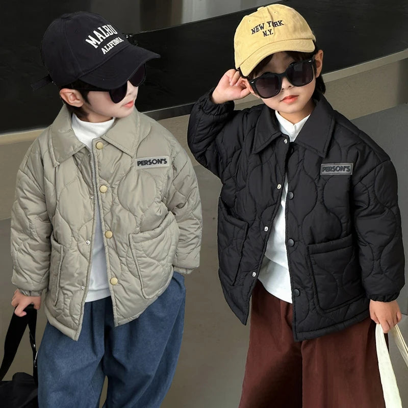 Autumn Kids Cotton Jacket Winter Boys Solid Color Thick Plus Velvet Warm Coat For 3-10 Years Teen Children Outerwear Clothing ﻿