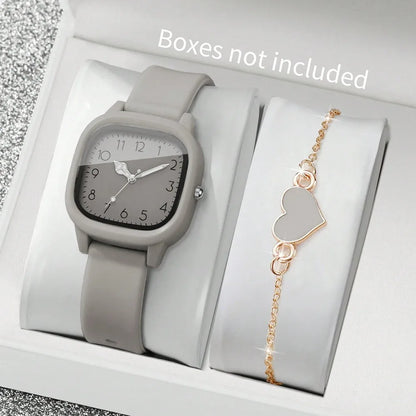 2PCS/Set Square Dial Women Quartz Watch Silicone Strap Quartz Movement Women Watch Heart Bracelet Arabic Dial Watch Women Girl