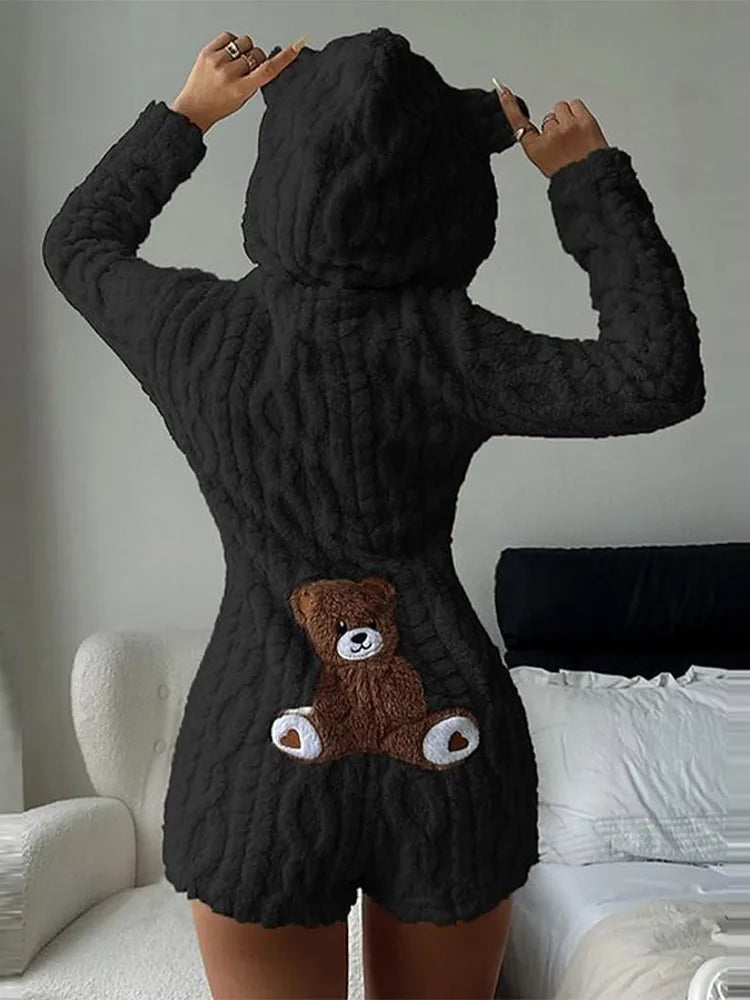 Trendy Cartoon Bear Pattern Warm Jumpsuit Shorts Women Plush Hooded Flannel Loungewear Lady New Autumn Winter Effortless Outfits