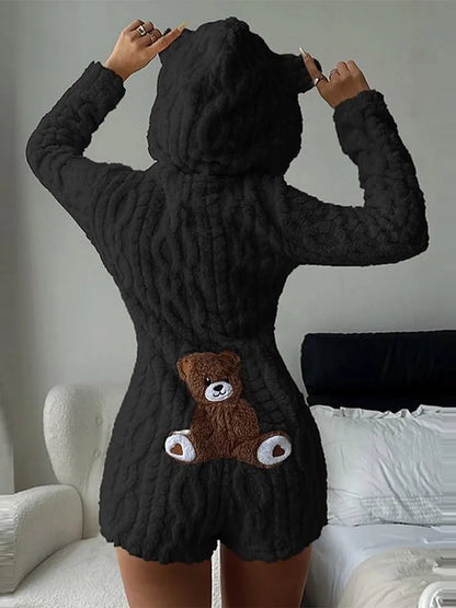 Trendy Cartoon Bear Pattern Warm Jumpsuit Shorts Women Plush Hooded Flannel Loungewear Lady New Autumn Winter Effortless Outfits