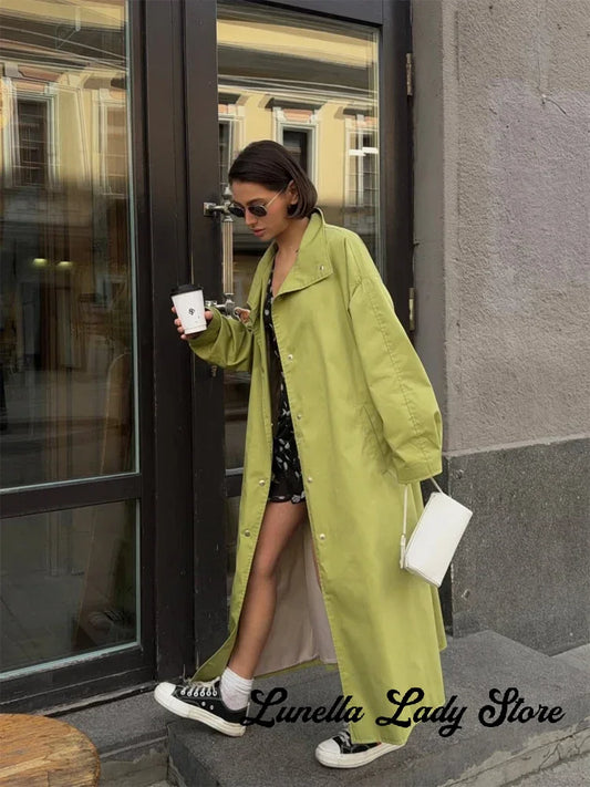 Women Oversized Long Windbreaker Outerwear Lime Green Stand Collar Loose Pocket Trench Coat 2026 Y2k Autumn Chic Female Clothing