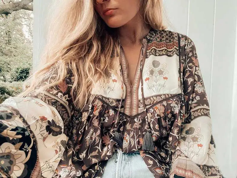 Super Chic long sleeve boho blouse women tassle floral bohemian women long sleeve shirts rayon summer autumn blouse top