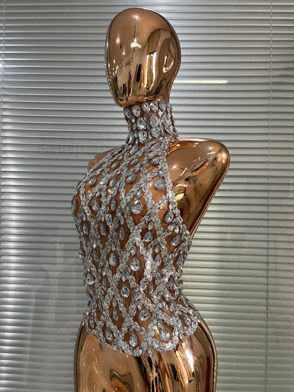 Clubwear Tops Women Bright Rhinestones Mesh Halter Backless See Through Tops Evening Party Nightbar DJ Gogo Adlut Show Top Wear
