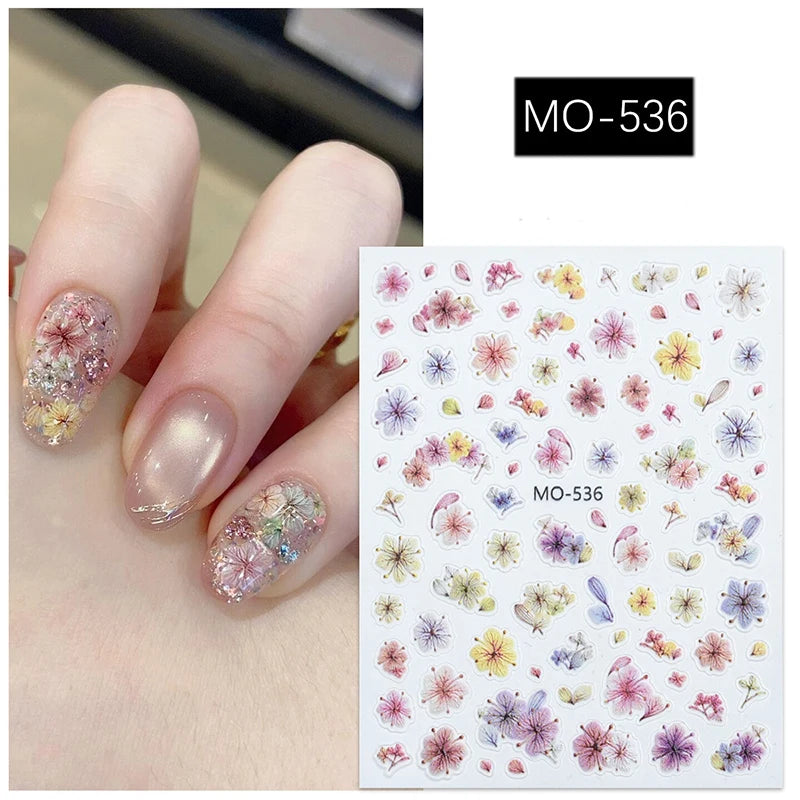 5D Embossed Nail Art Decals Elegant Petals Florals Daisy Flowers Leaves Adhesive Sliders Stickers For Manicure Tips Decoration